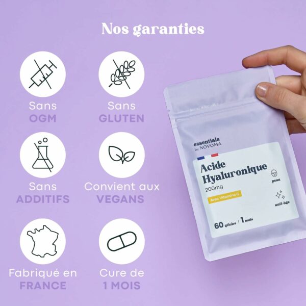 Acide Hyaluronique Pur en 60 Gélules Vegan, Action Anti-Âge + Anti-Rides, Dosage optimal, Cure de 1 mois, Hydratation de la Peau, Avec Vitamine C – Image 2