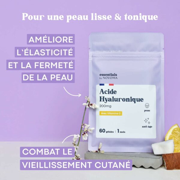 Acide Hyaluronique Pur en 60 Gélules Vegan, Action Anti-Âge + Anti-Rides, Dosage optimal, Cure de 1 mois, Hydratation de la Peau, Avec Vitamine C – Image 3