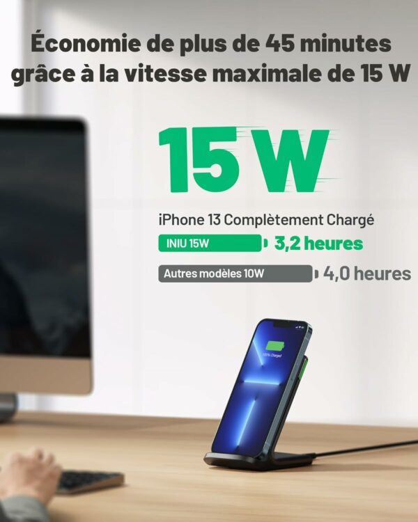 INIU Chargeur Induction Stand, 15W Qi Certifié Wireless Charge sans Fil Rapide pour iPhone 15 14 13 12 11 Pro Max Samsung Xiaomi Google et autres marque à charge sans fil – Image 6
