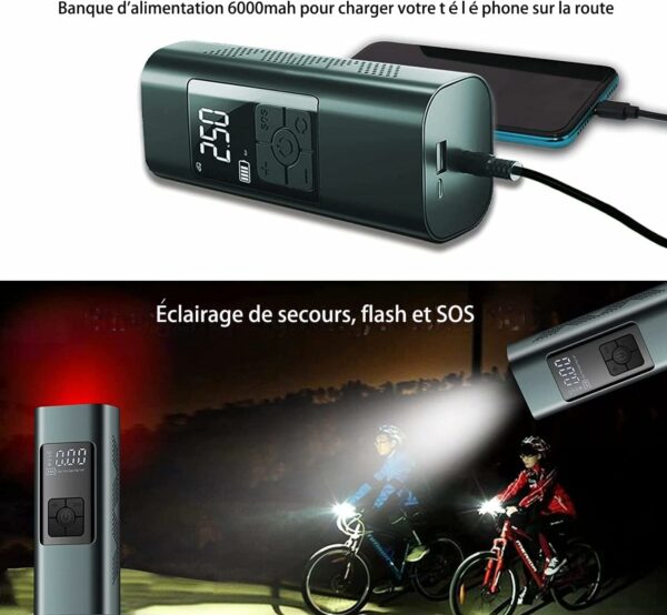 Compresseur à Air Portatif, 6000mAh Mini Pompe à Air Électrique, 150PSI  Compresseur avec Affichage Numérique Lumière LED et Port C USB pour Pneus de Moto, Voiture, Velo, etc – Image 3