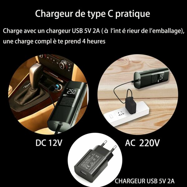 Compresseur à Air Portatif, 6000mAh Mini Pompe à Air Électrique, 150PSI  Compresseur avec Affichage Numérique Lumière LED et Port C USB pour Pneus de Moto, Voiture, Velo, etc – Image 4