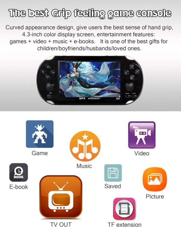 CZT Console de Jeux vidéo 4,3 Po 8 Go intégrée à 2100 Jeux gratuits pour Plusieurs simulateurs Console de Jeu Portable Vidéo/Musique Ebook – Image 4