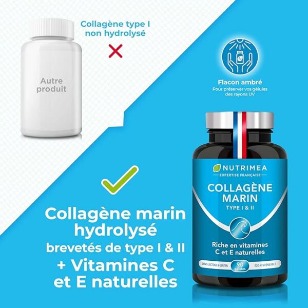 COLLAGENE MARIN - Type 1 & 2 BREVETÉ Pur et Naturel - Vitamines A, C & E Végétales - Nutrimea - Hydratation de la Peau - Protège Os et Articulations - 900 mg - 90 Gélules - Fabriqué en France – Image 5