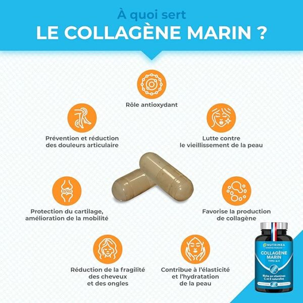 COLLAGENE MARIN - Type 1 & 2 BREVETÉ Pur et Naturel - Vitamines A, C & E Végétales - Nutrimea - Hydratation de la Peau - Protège Os et Articulations - 900 mg - 90 Gélules - Fabriqué en France – Image 6