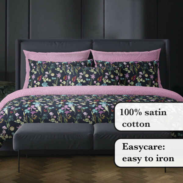 Housse de couette + 2 taie(s)"Iris" - satin de coton, 80 fils/cm² - bleu foncé et rose – Image 3