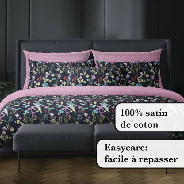 Housse de couette + 2 taie(s)"Iris" - satin de coton, 80 fils/cm² - bleu foncé et rose – Image 4