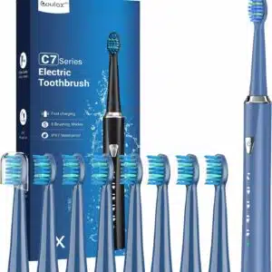 Brosses à Dents Électriques Soniques Adultes et Enfants - Brosse à Dents Dlectrique Sonique avec 8 Têtes, 5 Modes, Une Charge pour 120 Jours D'utilisation, Brosses à Dents, Bleu Minéral