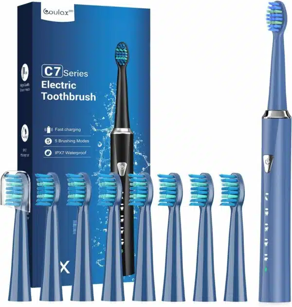 Brosses à Dents Électriques Soniques Adultes et Enfants - Brosse à Dents Dlectrique Sonique avec 8 Têtes, 5 Modes, Une Charge pour 120 Jours D'utilisation, Brosses à Dents, Bleu Minéral