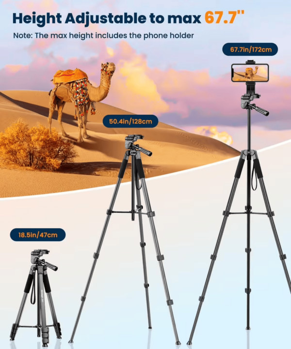 Trepied Smartphone 172cm, Trépied Appareil Photo Léger en Aluminium avec Télécommande et Support Téléphone, Portable Trépied Caméra pour iPhone Samsung Huawei – Image 2