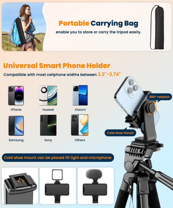 Trepied Smartphone 172cm, Trépied Appareil Photo Léger en Aluminium avec Télécommande et Support Téléphone, Portable Trépied Caméra pour iPhone Samsung Huawei – Image 5