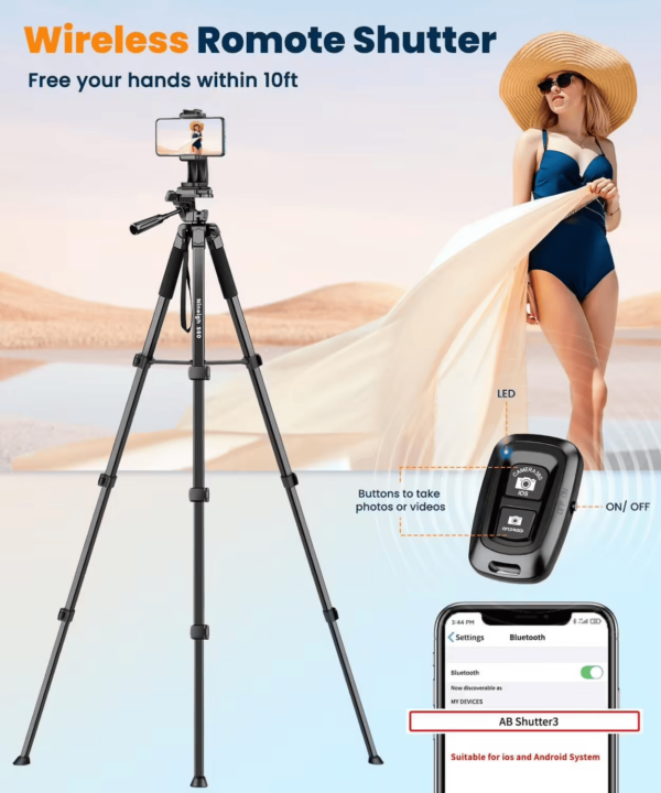 Trepied Smartphone 172cm, Trépied Appareil Photo Léger en Aluminium avec Télécommande et Support Téléphone, Portable Trépied Caméra pour iPhone Samsung Huawei – Image 6
