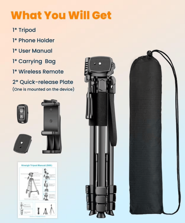 Trepied Smartphone 172cm, Trépied Appareil Photo Léger en Aluminium avec Télécommande et Support Téléphone, Portable Trépied Caméra pour iPhone Samsung Huawei – Image 3