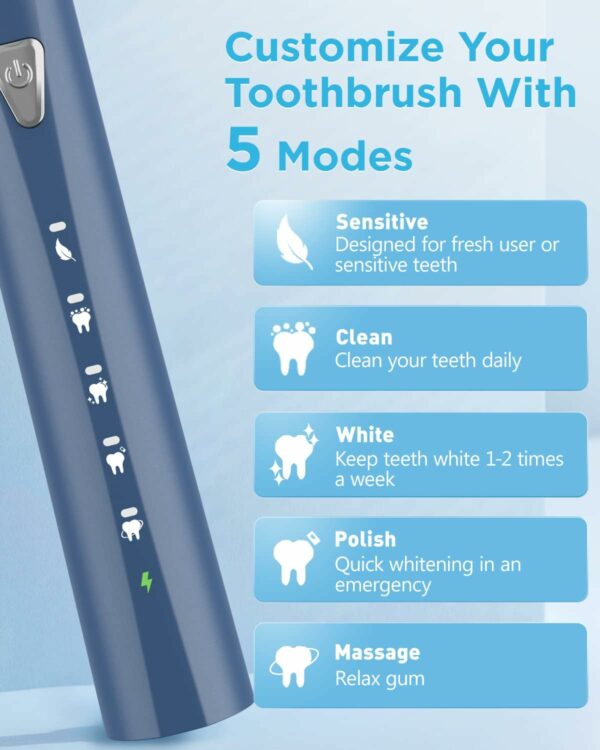 Brosses à Dents Électriques Soniques Adultes et Enfants - Brosse à Dents Dlectrique Sonique avec 8 Têtes, 5 Modes, Une Charge pour 120 Jours D'utilisation, Brosses à Dents, Bleu Minéral – Image 5
