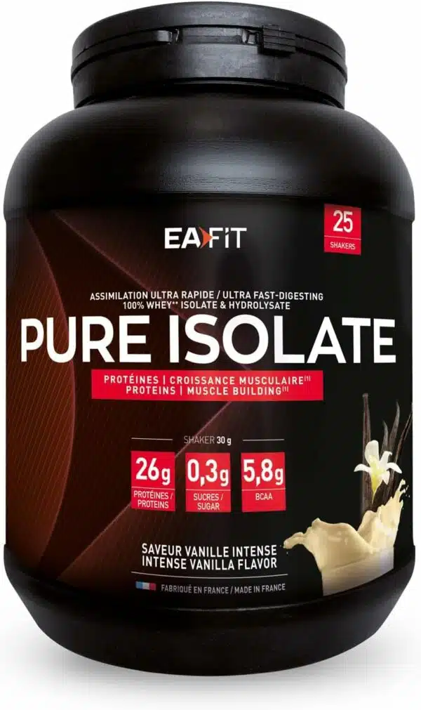 EAFIT - Pure Isolate - Whey Protein Isolate - Whey pour Prise de Masse et Musculation - 26g de Proteine, 5,8g de BCAA - Faible en sucres et matières grasses - 750 g - Vanille - Marque FR