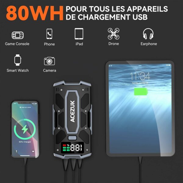 ACEZUK Booster Batterie Voiture 5000A, Démarreur de Batterie de Voiture Portable(Jusqu'à 8.0L Diesel ou 10.0L Gaz), 12V Jump Starter, Pinces Intelligentes avec Écran, Lumière LED, Port de QC3.0 – Image 6