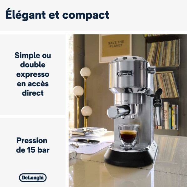 De'Longhi Dedica Style EC685.M, Machine à Expresso avec Buse à Mousse de Lait Professionnelle, Seulement 15 cm de Large, Réservoir de 1 L, Boîtier en Métal, Compatible avec les Dosettes E.S.E, Métal – Image 5