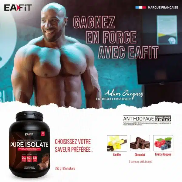 EAFIT - Pure Isolate - Whey Protein Isolate - Whey pour Prise de Masse et Musculation - 26g de Proteine, 5,8g de BCAA - Faible en sucres et matières grasses - 750 g - Vanille - Marque FR – Image 3