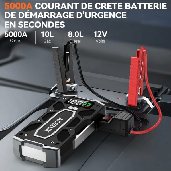 ACEZUK Booster Batterie Voiture 5000A, Démarreur de Batterie de Voiture Portable(Jusqu'à 8.0L Diesel ou 10.0L Gaz), 12V Jump Starter, Pinces Intelligentes avec Écran, Lumière LED, Port de QC3.0 – Image 8