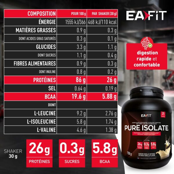 EAFIT - Pure Isolate - Whey Protein Isolate - Whey pour Prise de Masse et Musculation - 26g de Proteine, 5,8g de BCAA - Faible en sucres et matières grasses - 750 g - Vanille - Marque FR – Image 5