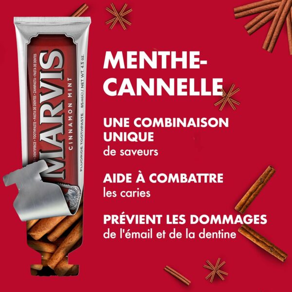 Marvis Dentifrice Menthe-Cannelle, 85ml, Dentifrice aromatisé, Aide à éliminer la plaque dentaire et promouvoir des gencives saines, Fraîcheur durable – Image 6