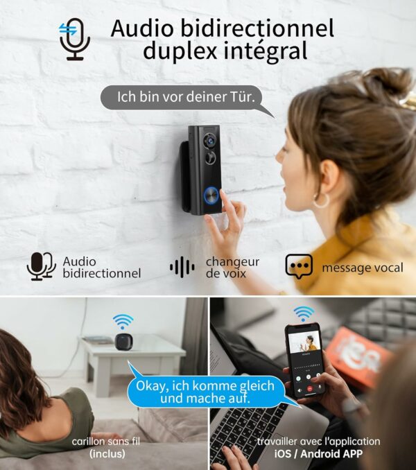 Ankway Sonnette sans Fil avec Camera - Caméra à Batterie Réglable avec Carillonn, 2,4G, FHD 2K, Détection PIR, Vision Nocturne, Audio Bidirectionnel, Étanche, Stockage SD et Cloud, Exterieur [Classe énergétique A+++] – Image 5