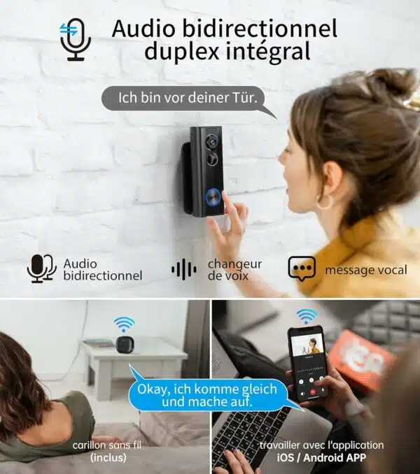 Ankway Sonnette sans Fil avec Camera - Caméra à Batterie Réglable avec Carillonn, 2,4G, FHD 2K, Détection PIR, Vision Nocturne, Audio Bidirectionnel, Étanche, Stockage SD et Cloud, Exterieur [Classe énergétique A+++] – Image 5