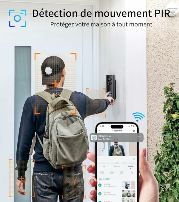 Ankway Sonnette sans Fil avec Camera - Caméra à Batterie Réglable avec Carillonn, 2,4G, FHD 2K, Détection PIR, Vision Nocturne, Audio Bidirectionnel, Étanche, Stockage SD et Cloud, Exterieur [Classe énergétique A+++] – Image 7