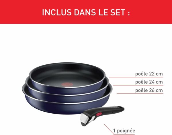 Tefal Ingenio Lot de 3 poêles 22/24/26 cm + poignée amovible, Pas d’induction, Revêtement antiadhésif, Indicateur de chaleur, Base Diffusion, Empilable, Fabriqué en France, Easy Cook N Clean L1579002 – Image 3
