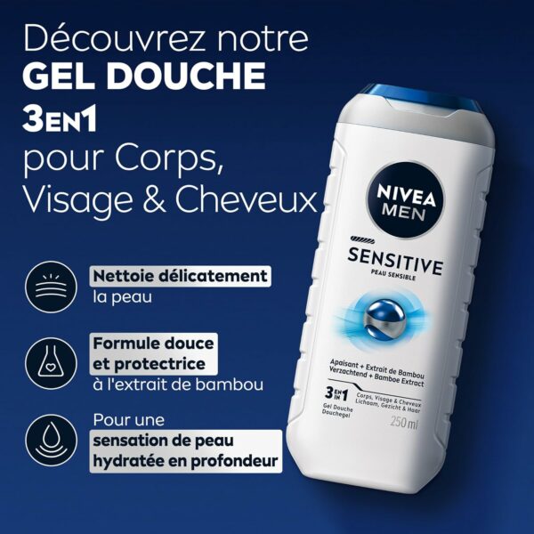 NIVEA MEN Gel Douche Sensitive (lot 6 x 250 ml) — Soin lavant enrichi à l'extrait de Bambou — Gel douche homme 3 EN 1 — Soin nettoyant doux Corps Visage & Cheveux pour les peaux sensibles – Image 7