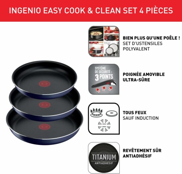 Tefal Ingenio Lot de 3 poêles 22/24/26 cm + poignée amovible, Pas d’induction, Revêtement antiadhésif, Indicateur de chaleur, Base Diffusion, Empilable, Fabriqué en France, Easy Cook N Clean L1579002 – Image 2