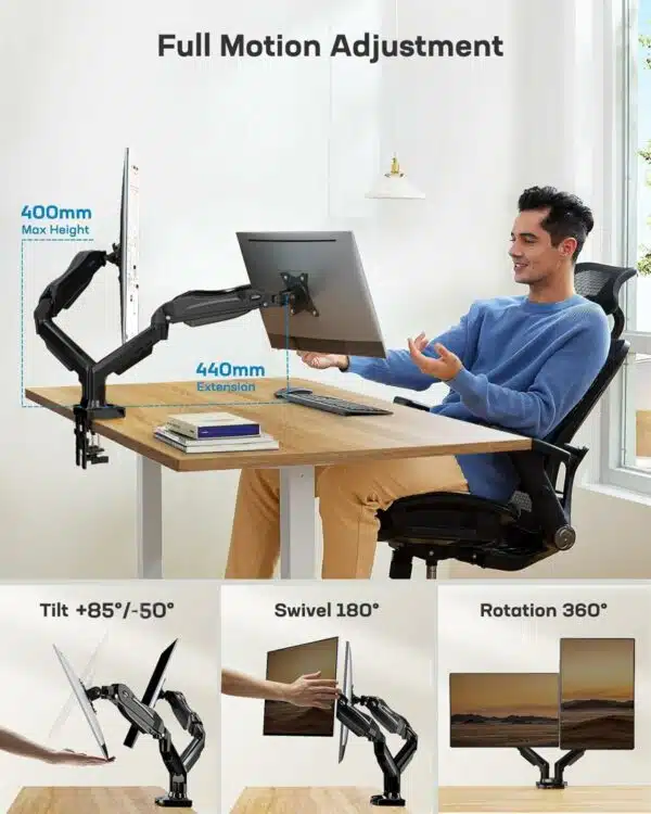HUANUO Support Ecran PC 2 Ecran de 13 à 32 Pouces, Bras pour Écran Pc pour Écrans Plats, Bras Ecran PC VESA 75x75/100x100mm – Image 6
