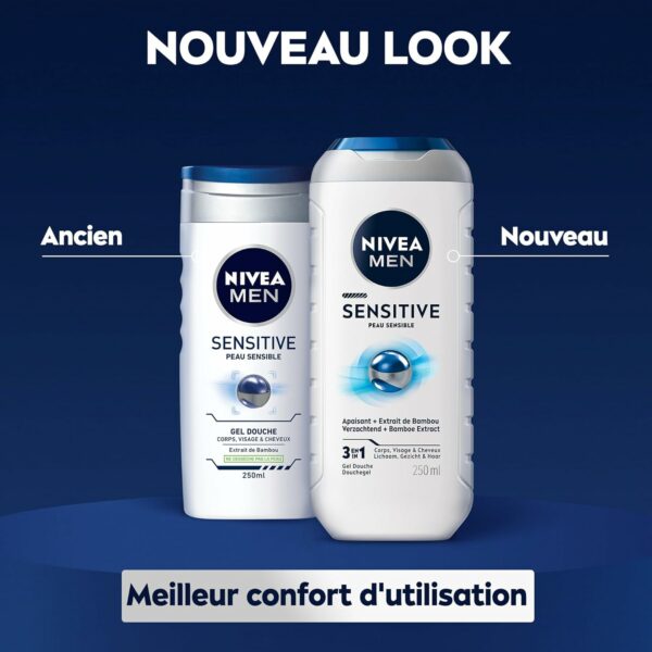 NIVEA MEN Gel Douche Sensitive (lot 6 x 250 ml) — Soin lavant enrichi à l'extrait de Bambou — Gel douche homme 3 EN 1 — Soin nettoyant doux Corps Visage & Cheveux pour les peaux sensibles – Image 5