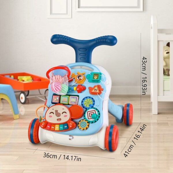 Trotteur 2 en 1 assis-debout pour bébé, chariot pour tout-petits, centre d'activités pédagogiques, plateau de jeu amovible, jouet d'apprentissage de la musique, cadeau pour garçons et filles,Bleu – Image 4