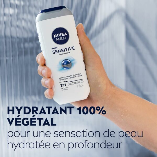 NIVEA MEN Gel Douche Sensitive (lot 6 x 250 ml) — Soin lavant enrichi à l'extrait de Bambou — Gel douche homme 3 EN 1 — Soin nettoyant doux Corps Visage & Cheveux pour les peaux sensibles – Image 3
