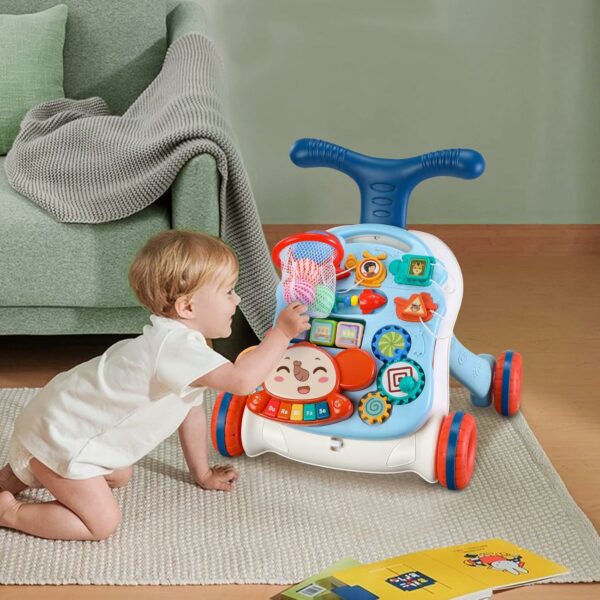 Trotteur 2 en 1 assis-debout pour bébé, chariot pour tout-petits, centre d'activités pédagogiques, plateau de jeu amovible, jouet d'apprentissage de la musique, cadeau pour garçons et filles,Bleu – Image 2