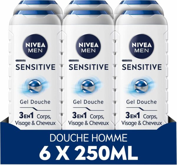NIVEA MEN Gel Douche Sensitive (lot 6 x 250 ml) — Soin lavant enrichi à l'extrait de Bambou — Gel douche homme 3 EN 1 — Soin nettoyant doux Corps Visage & Cheveux pour les peaux sensibles