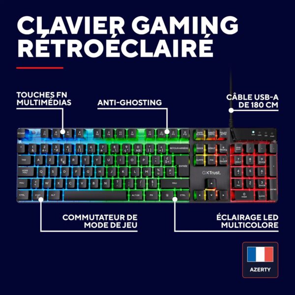 Trust Gaming GXT 835 Azor Clavier Gamer Filaire AZERTY Français, Éclairage LED Arc-en-Ciel, Mode Jeu, 8 Touches Anti-ghosting, Clavier Gaming à Membrane USB, PC/Ordinateur Portable - Noir – Image 9