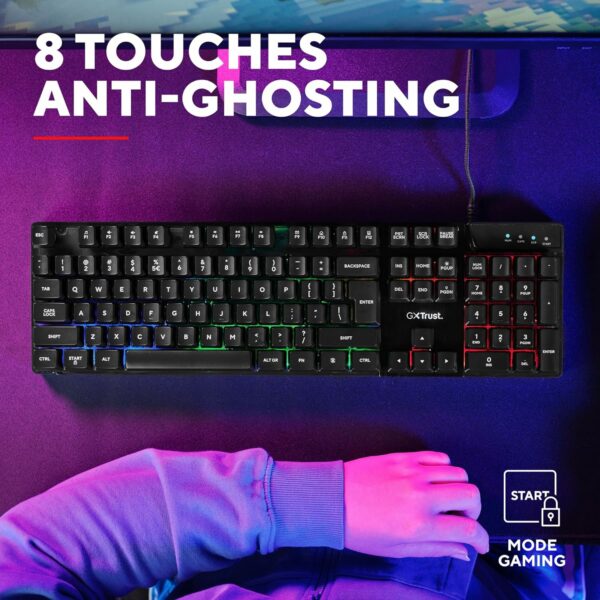 Trust Gaming GXT 835 Azor Clavier Gamer Filaire AZERTY Français, Éclairage LED Arc-en-Ciel, Mode Jeu, 8 Touches Anti-ghosting, Clavier Gaming à Membrane USB, PC/Ordinateur Portable - Noir – Image 7
