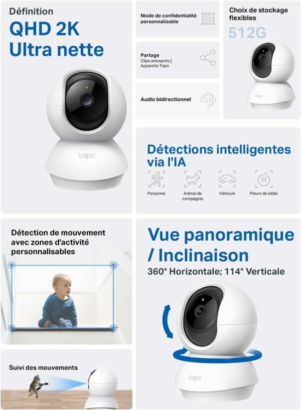 Tapo 2K(3MP) Caméra Surveillance WiFi intérieure 360° C210, Vision nocturne, Notifications en temps réel, Détection de personne, Suivi de mouvement, Télécommande, Compatible avec Alexa – Image 8