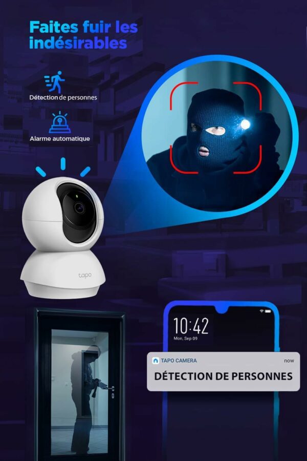 Tapo 2K(3MP) Caméra Surveillance WiFi intérieure 360° C210, Vision nocturne, Notifications en temps réel, Détection de personne, Suivi de mouvement, Télécommande, Compatible avec Alexa – Image 5