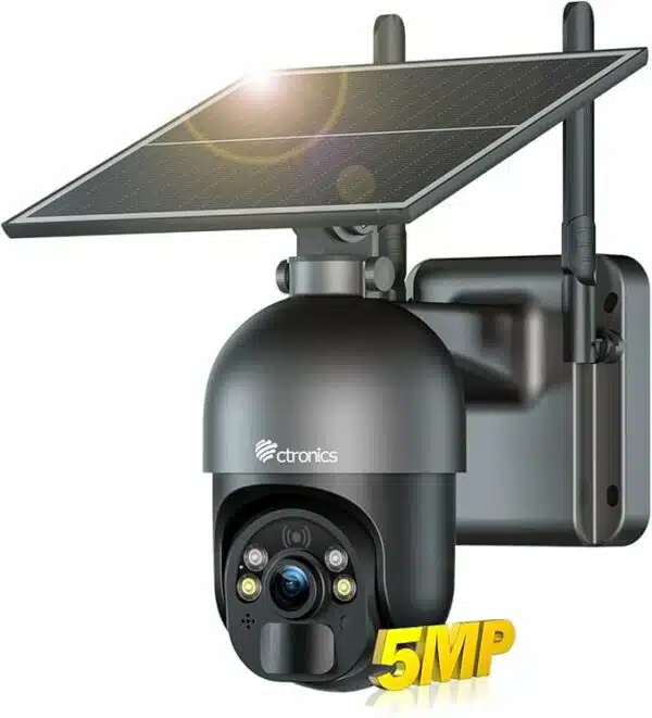Ctronics 5MP Caméra Surveillance sans Fil Extérieure, Panneau Solaire 6W, Alarme Sonore & Lumineuse, Contrôle à Distance PCTéléphone, FTP, Vision Nocturne Couleur, Détection Humaine