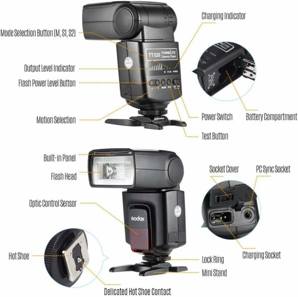 Godox TT520II Appareil Photo Speedlite Universel + 2,4 G Émetteur de Déclenchement sans Fil 1/300s-1/20000s Trois Modes de Flash M, S1, S2 Mode pour Appareil Photo Canon Nikon Pentax Olympus – Image 3