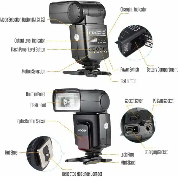 Godox TT520II Appareil Photo Speedlite Universel + 2,4 G Émetteur de Déclenchement sans Fil 1/300s-1/20000s Trois Modes de Flash M, S1, S2 Mode pour Appareil Photo Canon Nikon Pentax Olympus – Image 3